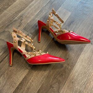 Catherine Melandrino Jazy Heals Size 8.5 Red Spike Strap Pointed Toe